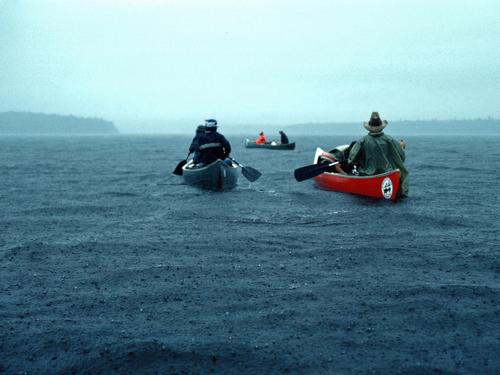 canoeists paddle onward despite heavy rain on the Allagash Wilderness Waterway in northern Maine