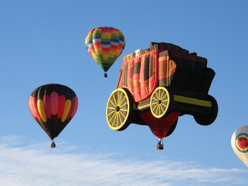 a special-shape balloon (Wells Fargo) flies at the Albuquergue Balloon Festival in New Mexico