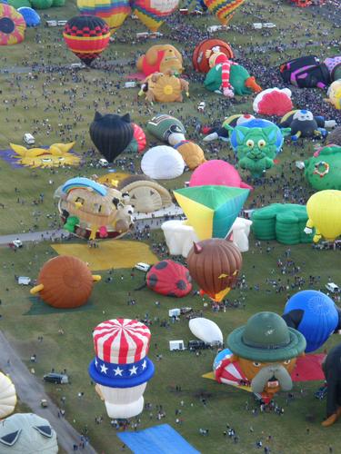 view from an airborne balloon of the special-shapes staging area at the Albuquerque Balloon Festival in New Mexico