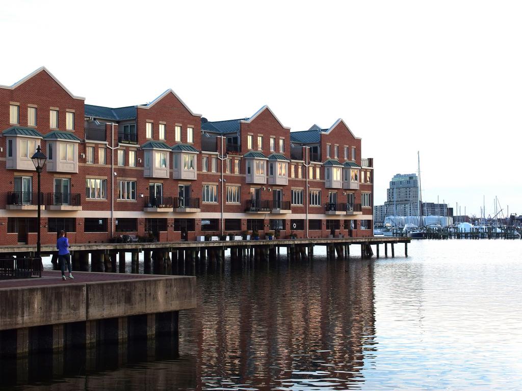 old storage docks repurposed into waterfront housing at the Inner Harobr of Baltimore, Maryland