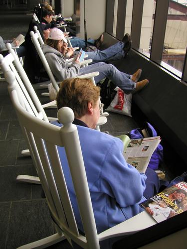 rocking chairs at Logan Airport in Boston, Massachusetts