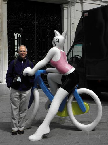 Fred cosies up to a biker-bunny street statue at Brussels in Belgium