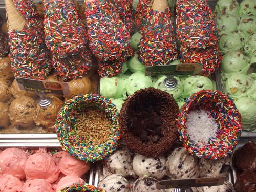 fancy ice cream cones in a display counter at Quincy Market in Boston