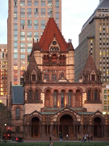 a view at dusk of Trinity Church in Boston