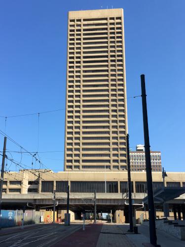 One Seneca Tower looming over Main Street at Buffalo, NY