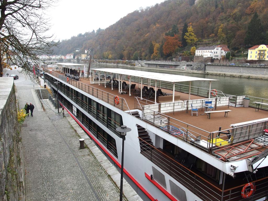 the Viking Legend cruise ship docks on the Danube River at Passau in southeastern Germany