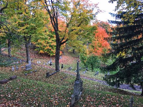 looking down in October from the tower at Mt Albion Cemetery in Albion, New York