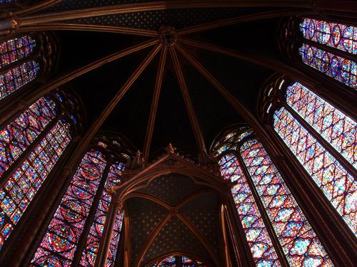 awesome stained-glass interior of Sainte-Chapelle in Paris, France