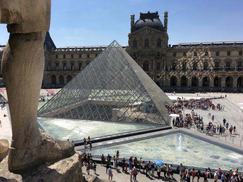 view from a lunch-area balcony of the Louvre entrance pyramid in Paris, France