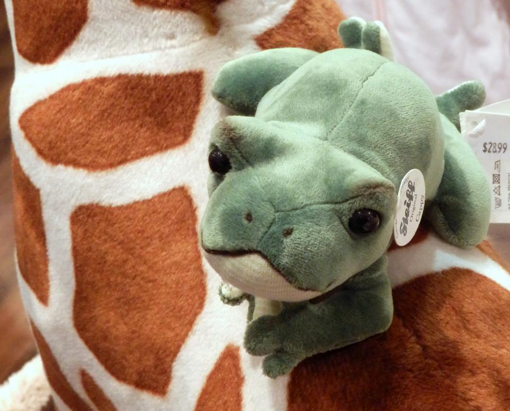 stuffed frog on a giraffe