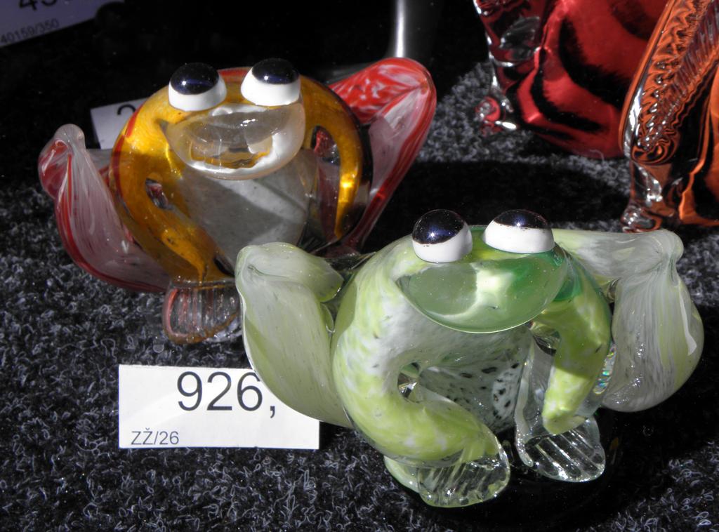 a pair of art-glass frogs