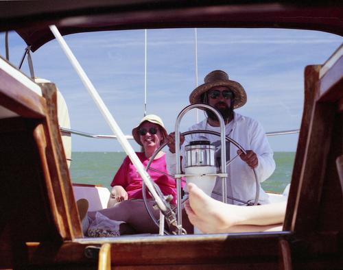 Betty Lou on a motor-sailor on the Georgia Coast in April 1990