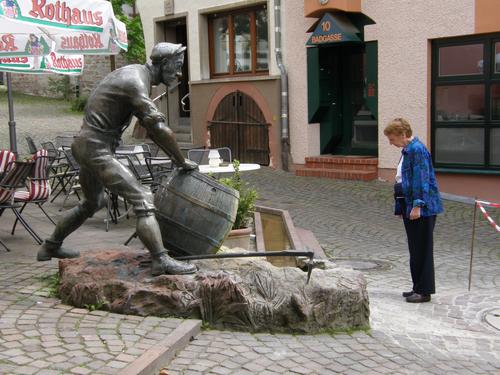 Betty Lou checks out a modern-art fountain at Mosbach in west Germany