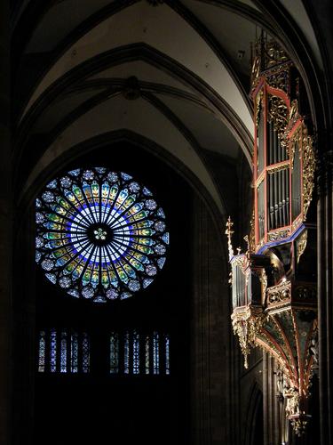 organ and rose window at Strasbourg Cathedral in France near the border with west Germany