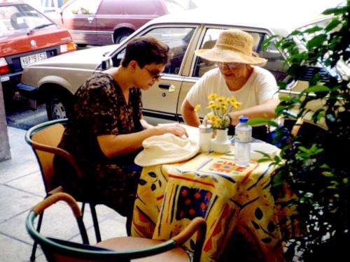 Linda and Betty Lou enjoying lunch in Greece in 1997