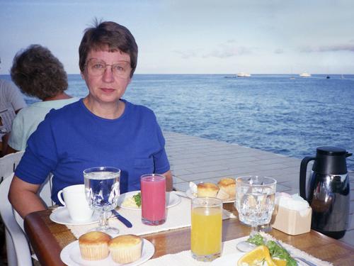 Betty Lou enjoys breakfast at the Kona Hilton Hotel on the big island of Hawaii