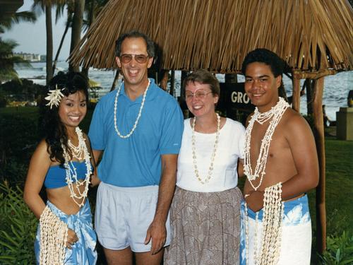 Fred and Betty Lou with tour guides before a glass-bottom boat ride in Hawaii