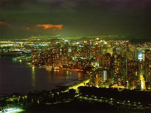 night view of Waikiki on the island of Oahu in Hawaii