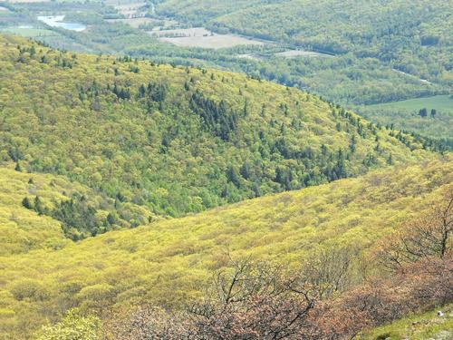 ridgeline and valley view in spring pastel colors as seen from Alander Mountain in southwestern Massachusetts
