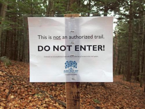 sign in December at Alice Peck Day Nature Trails in western New Hampshire