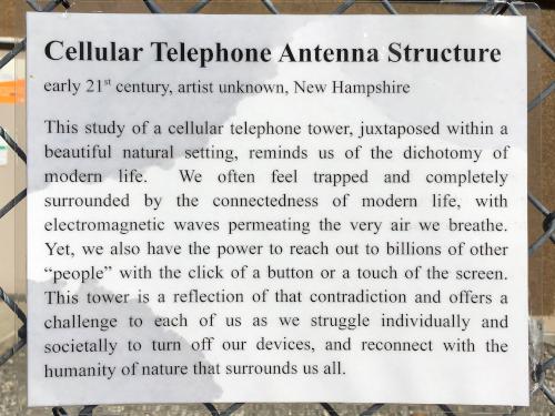 humorous sign for the cell tower at Andres Institute of Art in New Hampshire