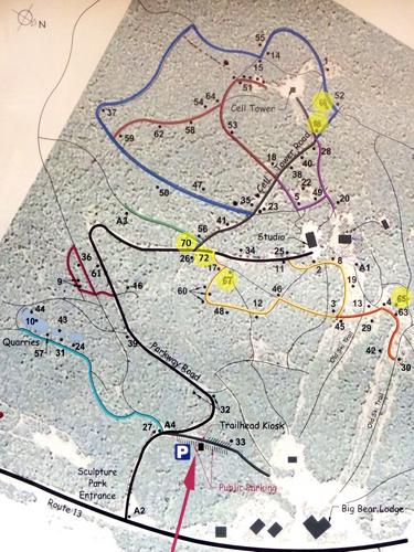 kiosk map of sculpture exhibit locations at Andres Institute of Art in New Hampshire