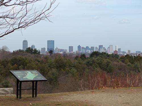 view from the southwest of the Boston skyline from Arnold Arboretum at Jamaica Plain in Massachusetts
