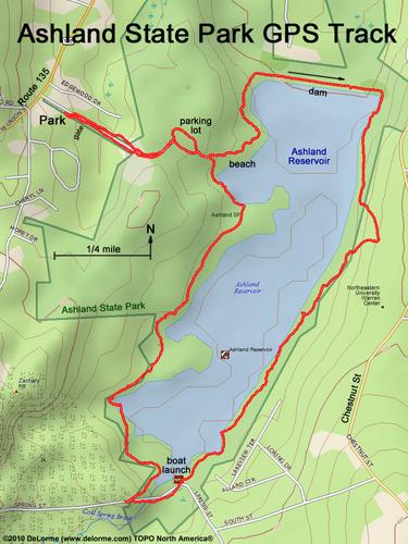 GPS track around Ashland State Park in eastern Massachusetts