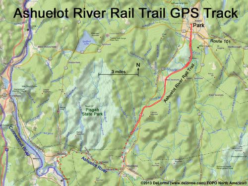GPS track on the Ashuelot River Rail Trail north near Keene in southwestern New Hampshire