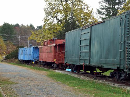 historic rail cars at the Hinsdale station on the Ashuelot River Rail Trail south near Keene in southwestern New Hampshire