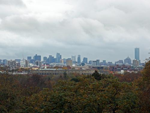 skyline view of Boston in November from the base of the Washington Tower at Mount Auburn Cemetery in Massachusetts