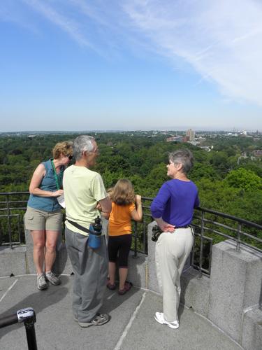 visitors atop the tower at Mount Auburn Cemetery in Massachusetts