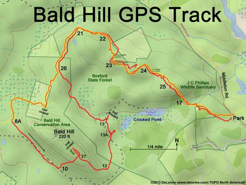 GPS track through Bald Hill Conservation Area in northeastern Massachusetts