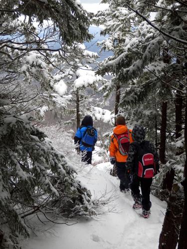 winter hikers on the way to Bald Rock on Mount Monadnock in New Hampshire