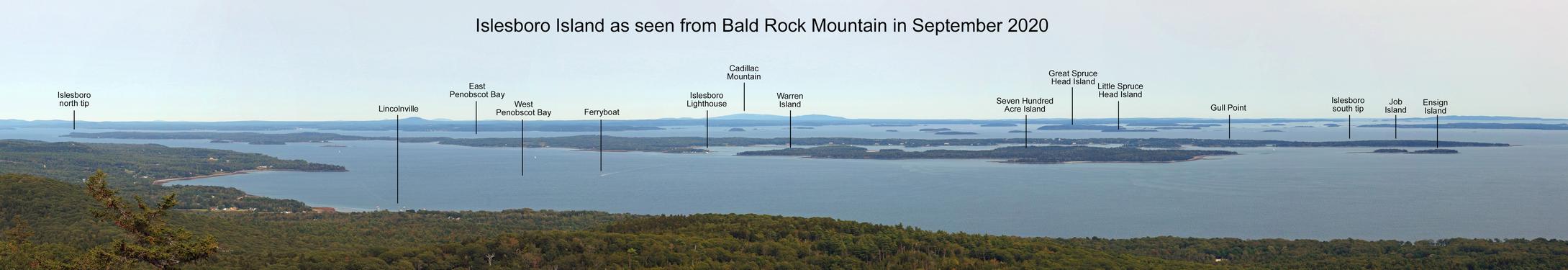 A view of Islesboro Island as seen from the summit of Bald Rock Mountain in ME on September 2020