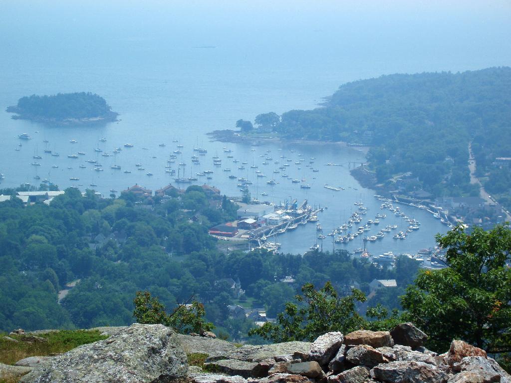 view of Camden Harbor from Mount Battie in Maine