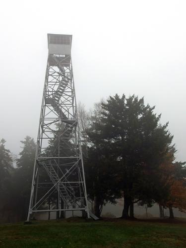 foggy view of the summit tower on Bear Hill in Vermont