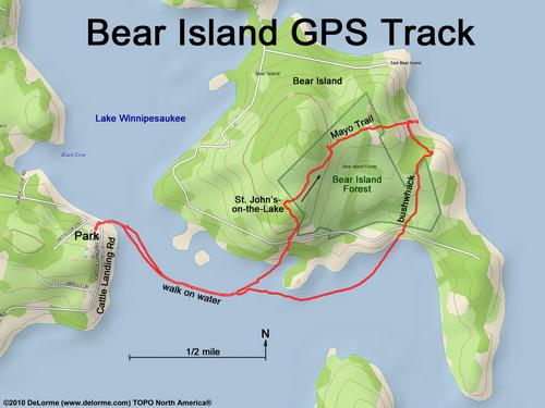GPS track in February to Bear Island on Lake Winnipesaukee in New Hampshire