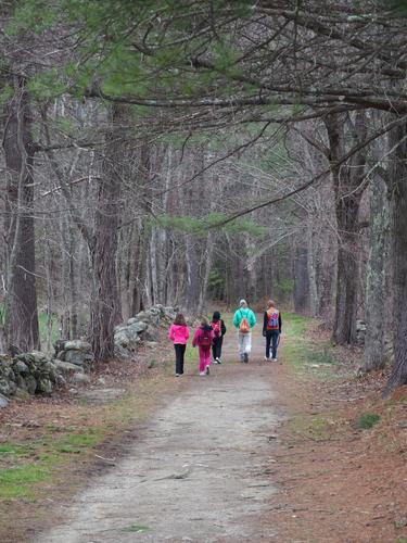 early-Spring hikers head down Cow Lane at Beaver Brook in southern New Hampshire