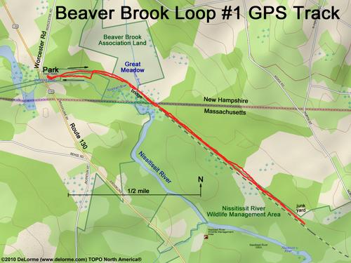 GPS track past Great Meadow at Beaver Brook Association in southern New Hampshire