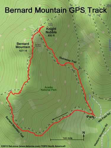 GPS track to Bernard Mountain within Acadia Park in coastal Maine