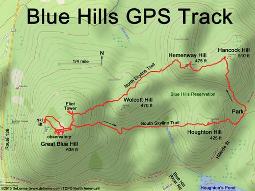 GPS track through Blue Hills Reservation in Massachusetts