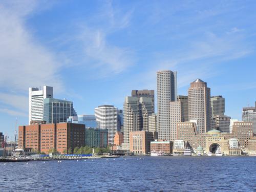 Boston waterfront as seen from the ferry to Boston Harbor Islands in Massachusetts