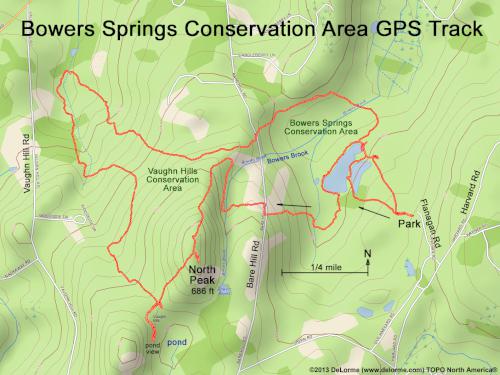 GPS track at Bowers Springs Conservation Area in northeastern Massachusetts