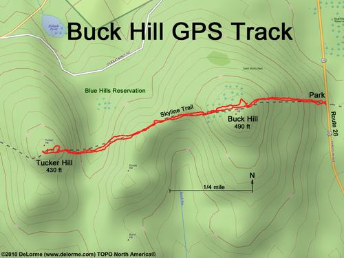 GPS track to Buck Hill at Blue Hills Reservation in eastern Massachusetts