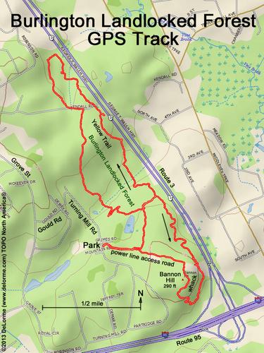 GPS track through Burlington Landlocked Forest in eastern Massachusetts