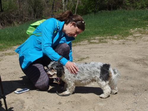 Kat checks Kip for ticks in May at Burns Hill in southern New Hampshire