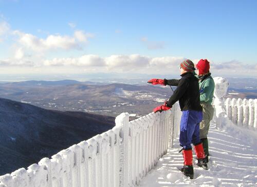 hikers on the observation platform on Cannon Mountain in New Hampshire