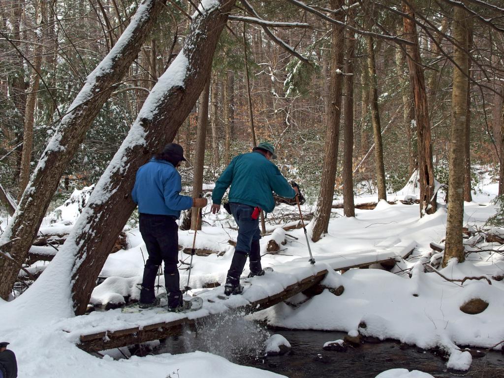 Elaine and John in February break trail at Cathedral of the Pines near Rindge in southern New Hampshire