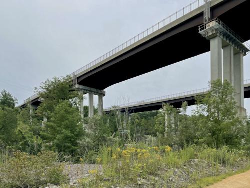 Route 190 bridges in August above the Mass Central Rail Trail at Holden in eastern Massachusetts